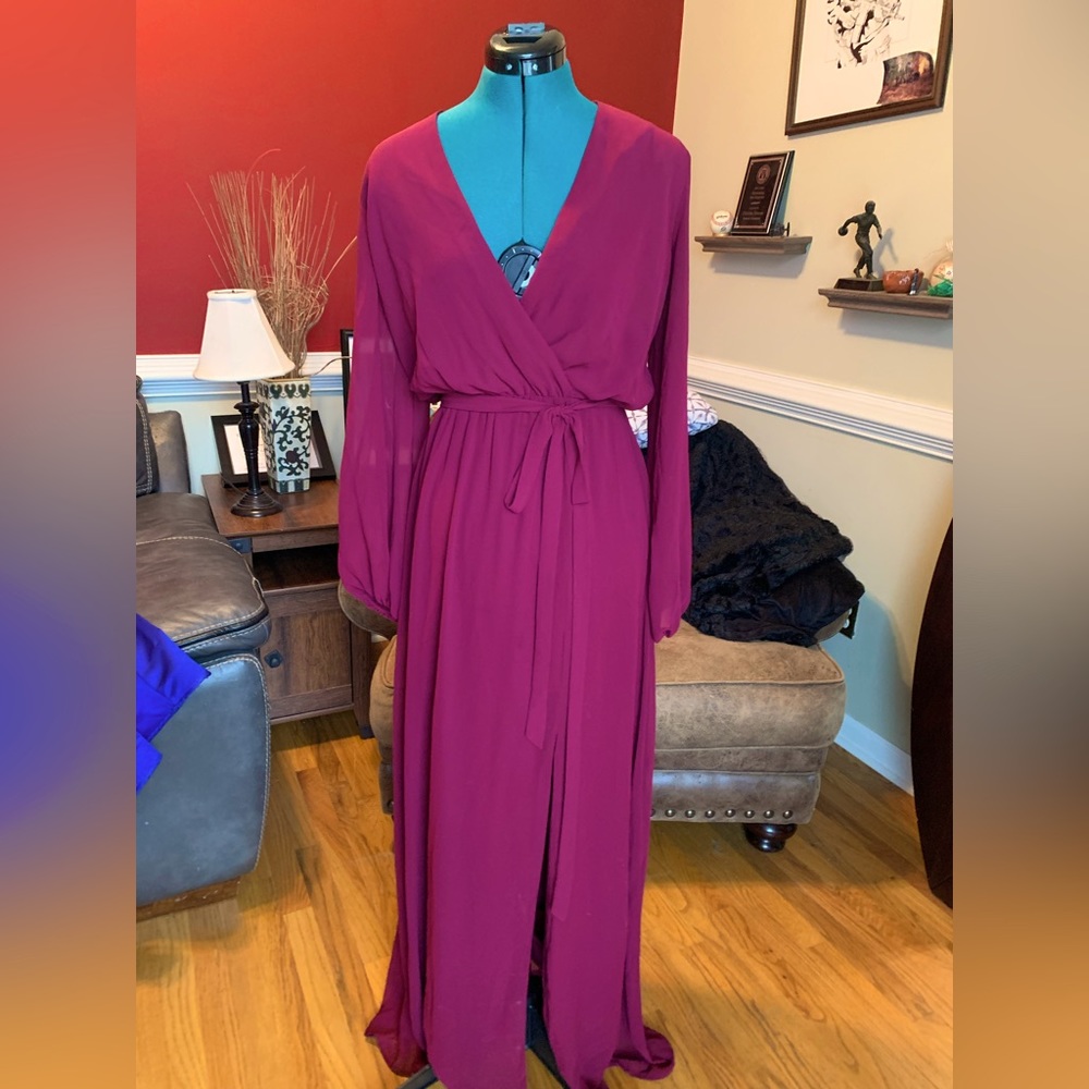 David’s Bridal DB Studio Burgundy Wine Long-sleeve Chiffon Bridesmaid Dress